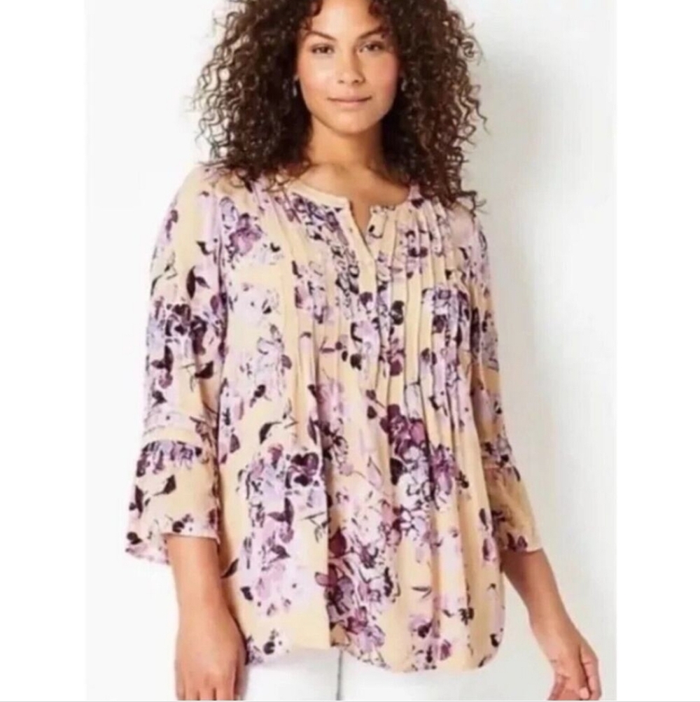 J. Jill Womens Pintucked Bell Sleeve Floral Blouse Purple Peach 3/4 Sleeve Large